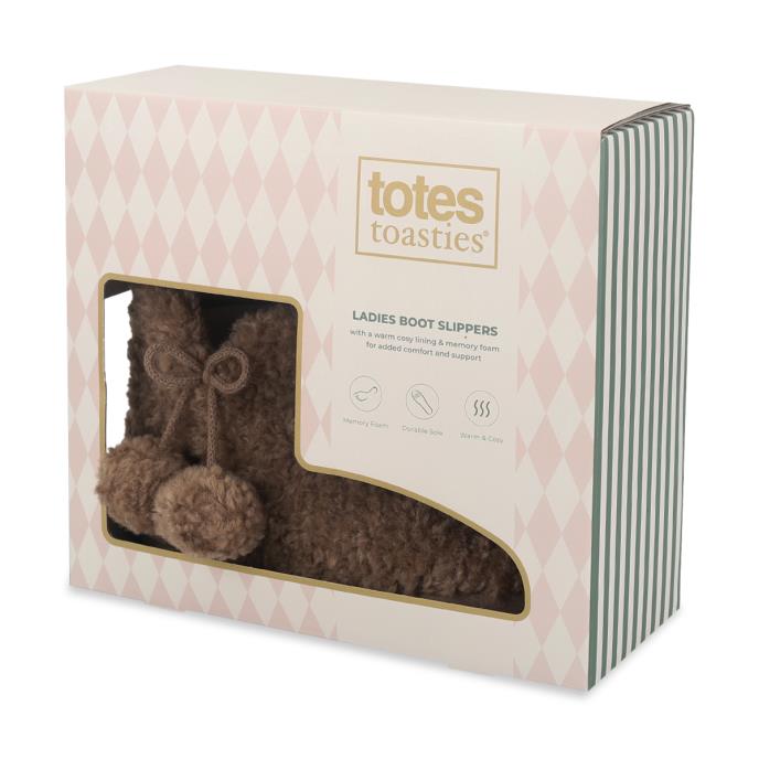 totes toasties® Ladies Textured Fur Bootie With Pom Pom Brown Extra Image 1